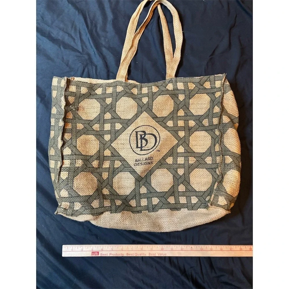 Ballard Designs Tote Bag L Natural/Tan Gray Geometric Logo Reusable jute boho BD